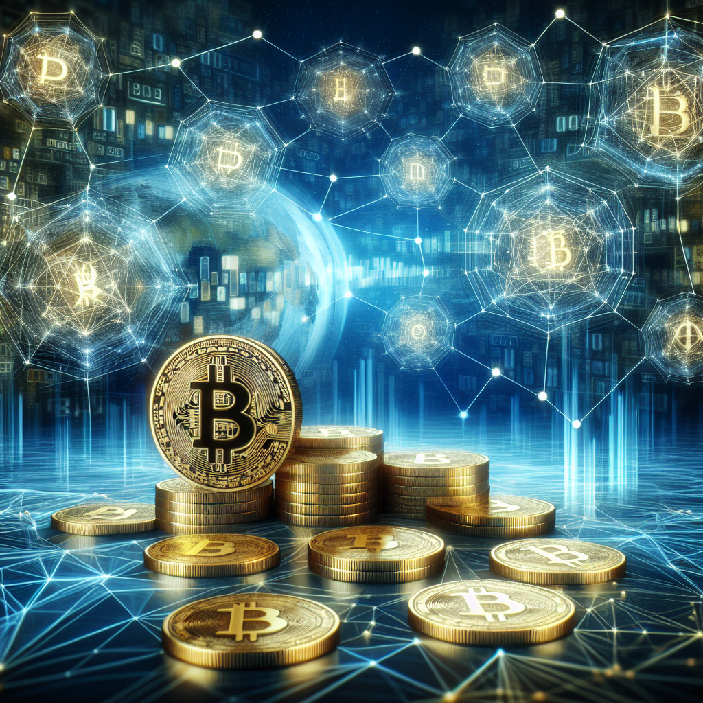 Create a image showing coins with a crypto logo to illustrate crypto currency. You can use the BTC, ETH, or similar famous crypto logo. The background can be abstract and futuristic e.g show a blockchain which is a network with nodes and edges