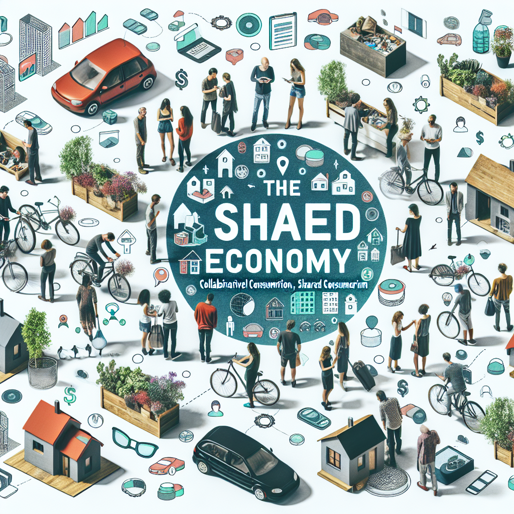 Erstelle ein bild das die shared economy illustriert. Der Begriff der Sharing Economy meint das systematische Ausleihen von Gegenständen und gegenseitige Bereitstellen von Räumen und Flächen, insbesondere durch Privatpersonen und Interessengruppen. Im Mittelpunkt steht die Collaborative Consumption, der Gemeinschaftskonsum.