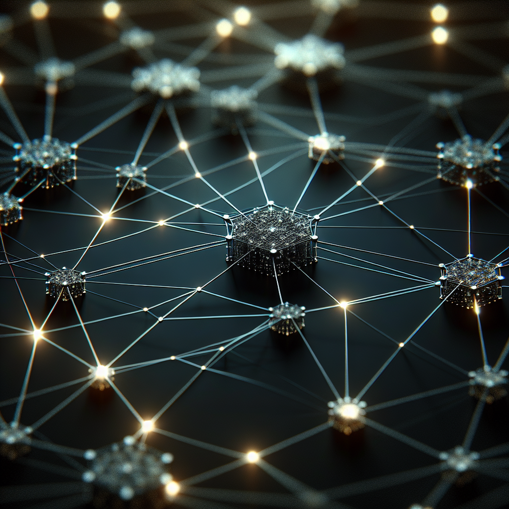 A blockchain which is a network of nodes and edges with a dark background and some blinking showing activity and transactions in the blockchain.