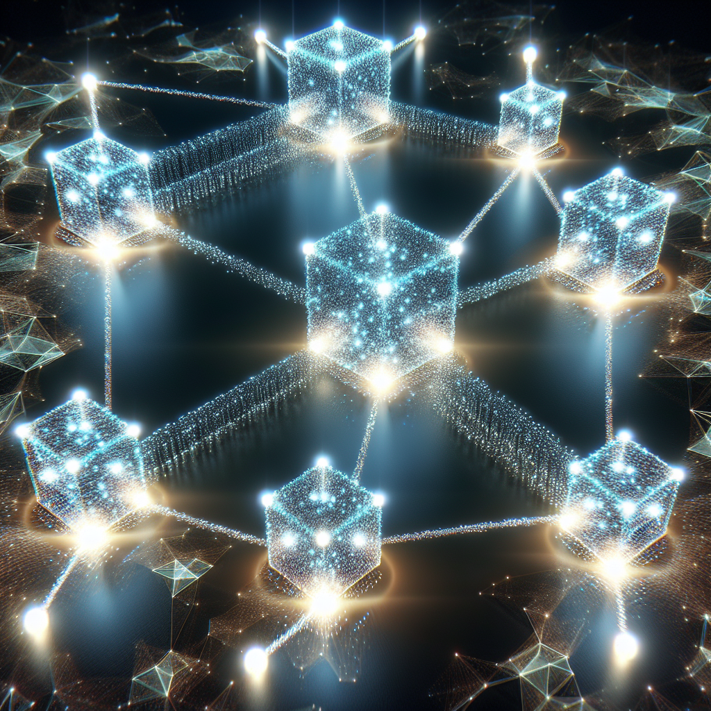 Create an image showing a blockchain in a abstract way with nodes and edges. A kind of network that is running the blockchain.