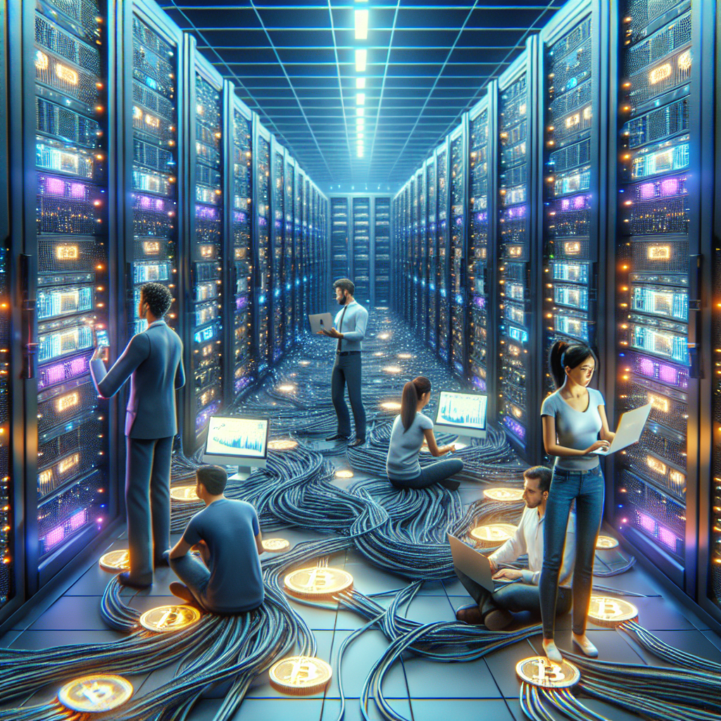 Create a image showing a crypto mining data center which is producing bitcoins or other crypto currencies
