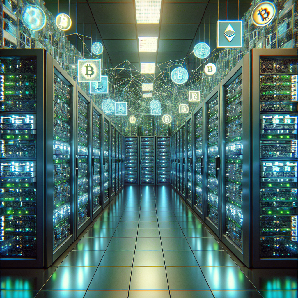 Create a image showing a crypto mining data center which is producing bitcoins or other crypto currencies