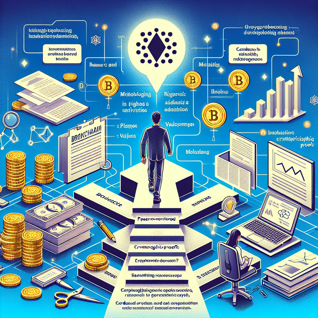 Create a image illustrating the history of the Cardano blockchain, their development, roadmap, and achievements. It's related to research and education. Everything is proofed and validated similar to research at University.
