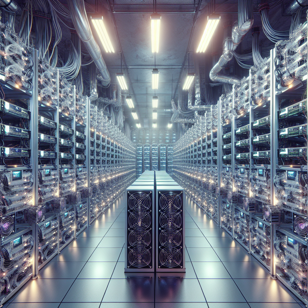 Create a image showing a crypto mining data center which is producing bitcoins or other crypto currencies