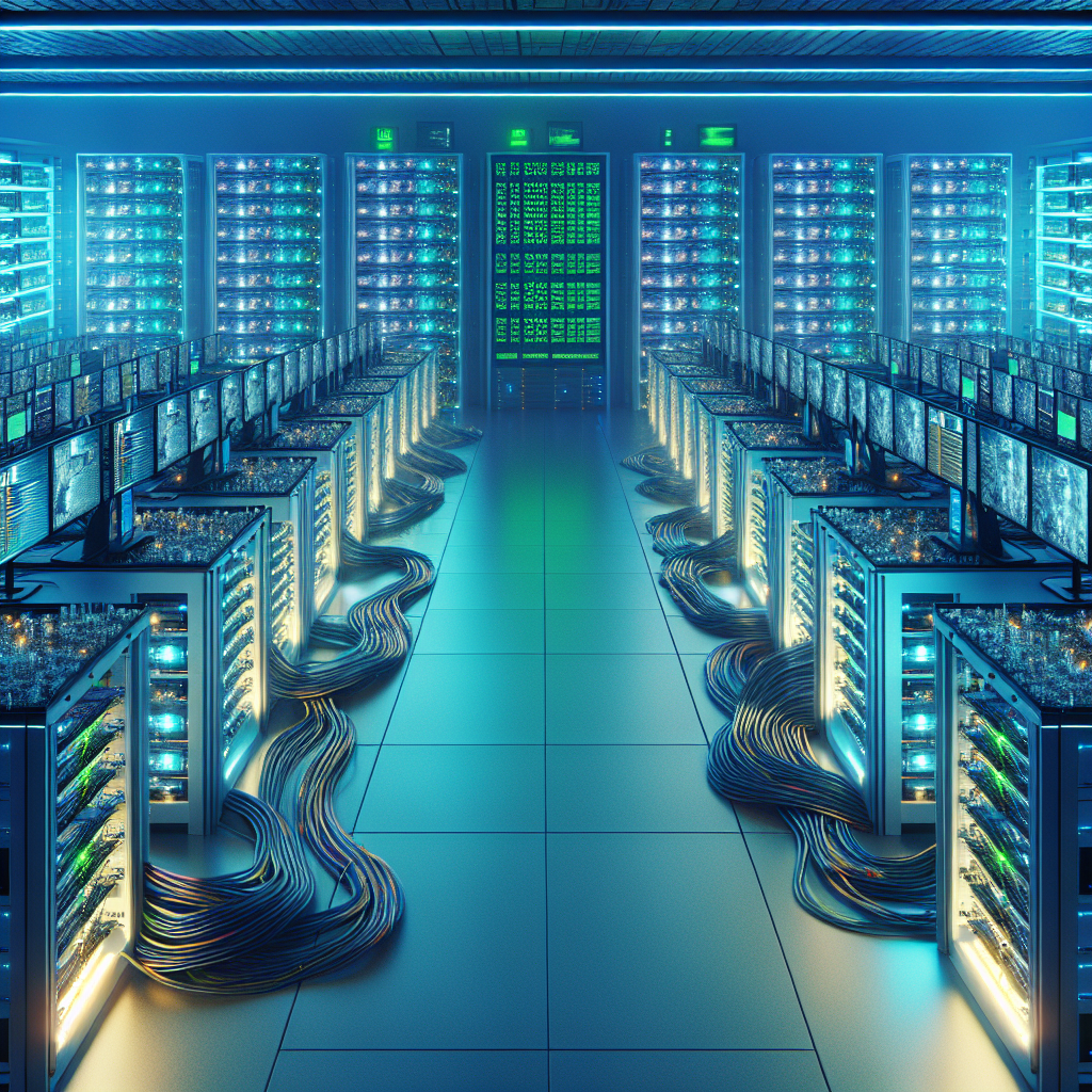 Create a image showing a crypto mining data center which is producing bitcoins or other crypto currencies