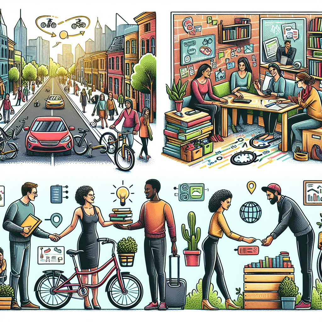 Erstelle ein bild das die shared economy illustriert. Der Begriff der Sharing Economy meint das systematische Ausleihen von Gegenständen und gegenseitige Bereitstellen von Räumen und Flächen, insbesondere durch Privatpersonen und Interessengruppen. Im Mittelpunkt steht die Collaborative Consumption, der Gemeinschaftskonsum.