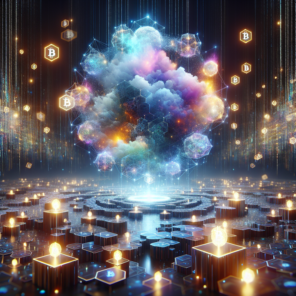 Create an image inspired by the concept of Non-Fungible Tokens or NFTs. The artwork could be a stunning landscape or complex abstract design, surrounded by the ethereal glow of blockchain code strings, hinting at the underpinning technology of NFTs. In the background, portray a digital marketplace, filled with other similar prisms, making a scene that feels futuristic and exploring the excitement and intrigue surrounding the digitized art market.