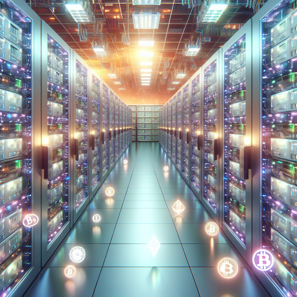 Create a image showing a crypto mining data center which is producing bitcoins or other crypto currencies