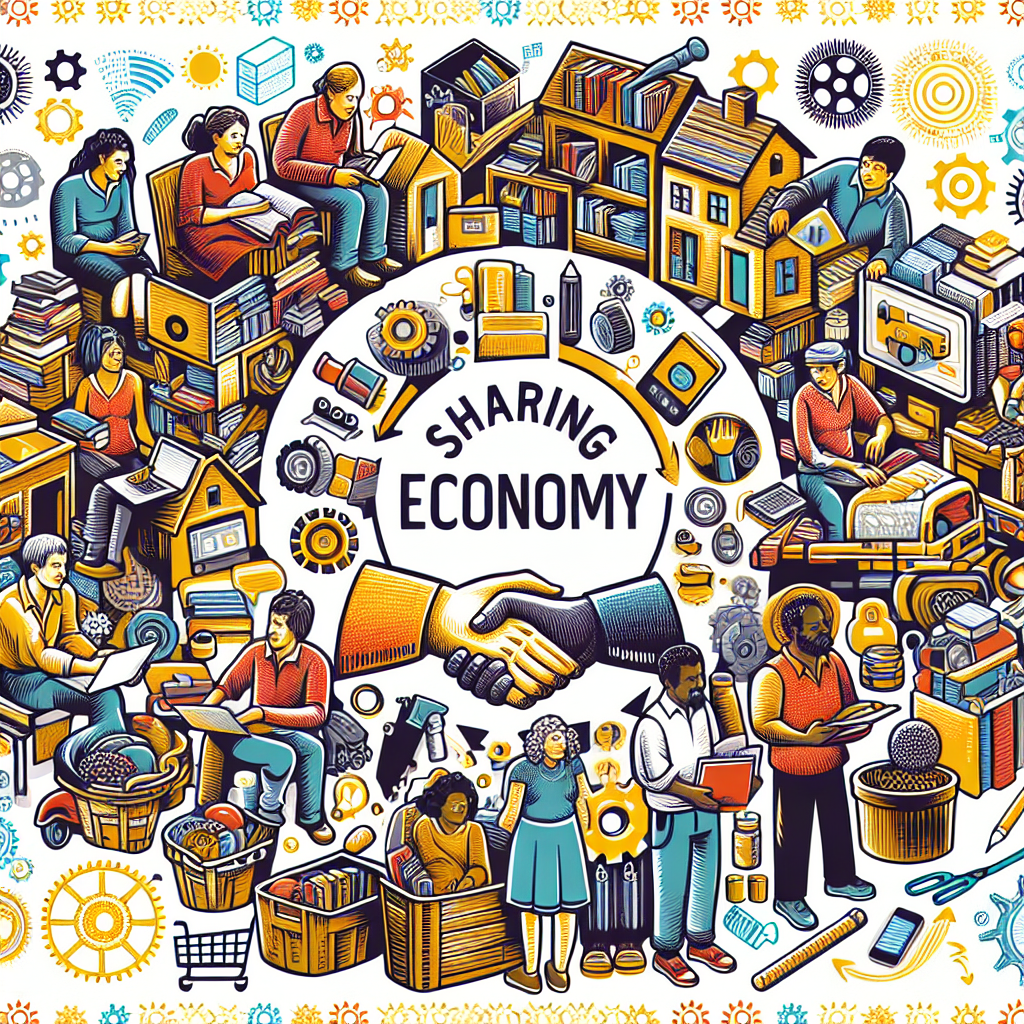 Erstelle ein bild das die shared economy illustriert. Der Begriff der Sharing Economy meint das systematische Ausleihen von Gegenständen und gegenseitige Bereitstellen von Räumen und Flächen, insbesondere durch Privatpersonen und Interessengruppen. Im Mittelpunkt steht die Collaborative Consumption, der Gemeinschaftskonsum.