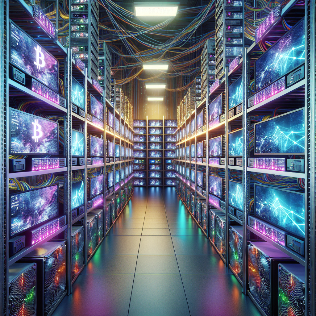 Create a image showing a crypto mining data center which is producing bitcoins or other crypto currencies