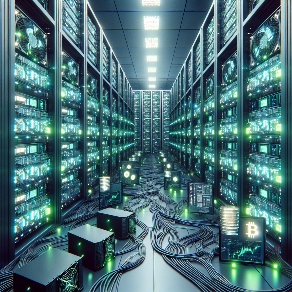 Create a image showing a crypto mining data center which is producing bitcoins or other crypto currencies