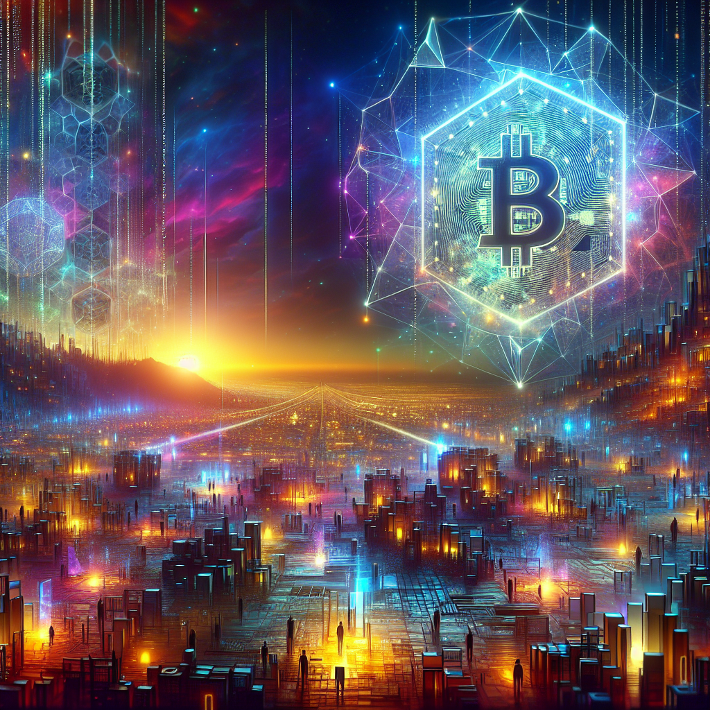 Create an image inspired by the concept of Non-Fungible Tokens or NFTs. The artwork could be a stunning landscape or complex abstract design, surrounded by the ethereal glow of blockchain code strings, hinting at the underpinning technology of NFTs. In the background, portray a digital marketplace, filled with other similar prisms, making a scene that feels futuristic and exploring the excitement and intrigue surrounding the digitized art market.