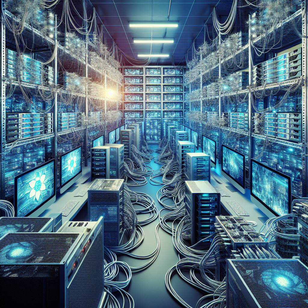 A technical environment with computers, servers, routers and cables mining crypto currencies like cardano ADA.