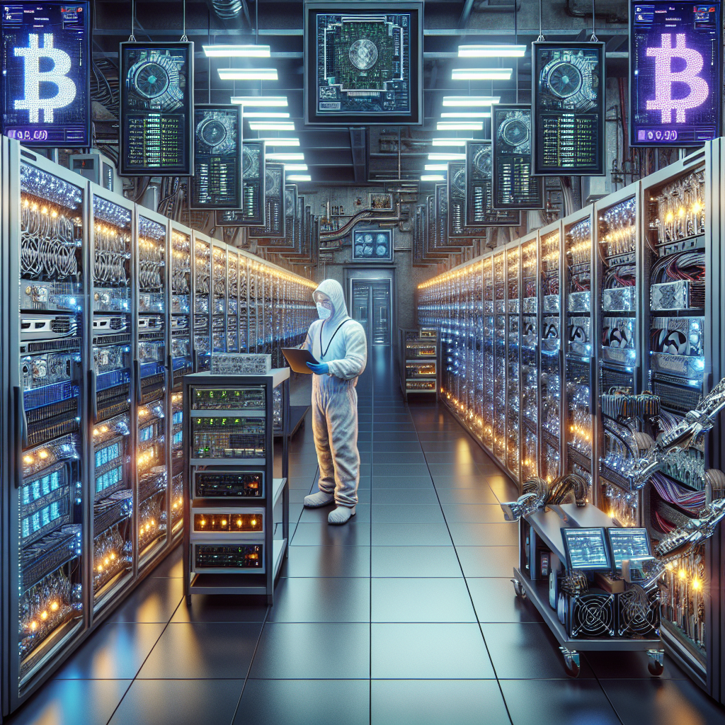 Create a image showing a crypto mining data center which is producing bitcoins or other crypto currencies