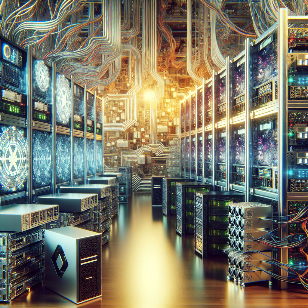 A technical environment with computers, servers, routers and cables mining crypto currencies like cardano ADA.