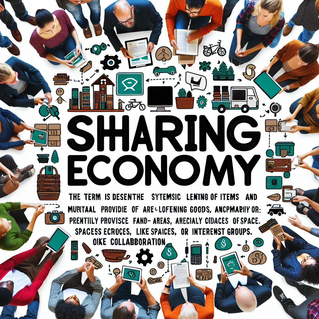 Erstelle ein bild das die shared economy illustriert. Der Begriff der Sharing Economy meint das systematische Ausleihen von Gegenständen und gegenseitige Bereitstellen von Räumen und Flächen, insbesondere durch Privatpersonen und Interessengruppen. Im Mittelpunkt steht die Collaborative Consumption, der Gemeinschaftskonsum.