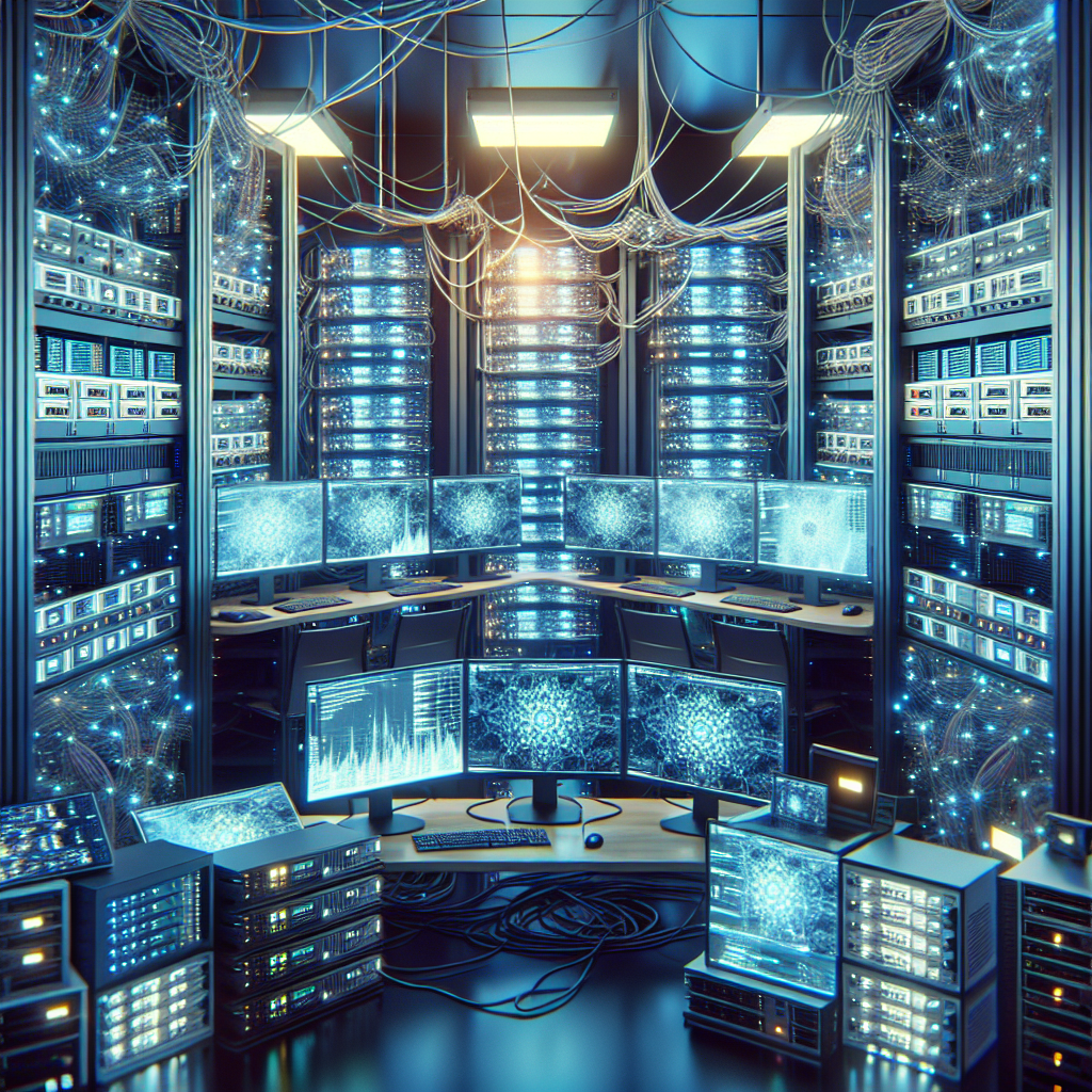 A technical environment with computers, servers, routers and cables mining crypto currencies like cardano ADA.