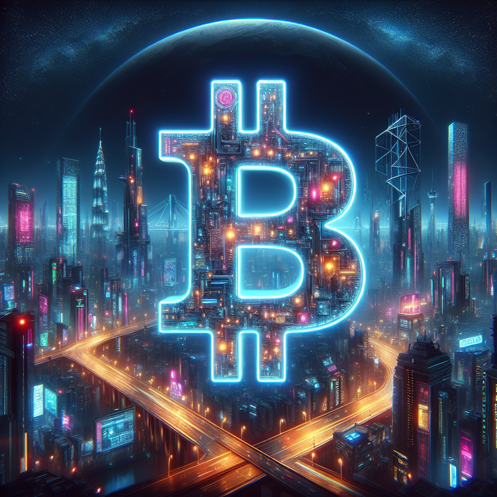 Generate a image showing a bitcoin (BTC) in a futuristic background