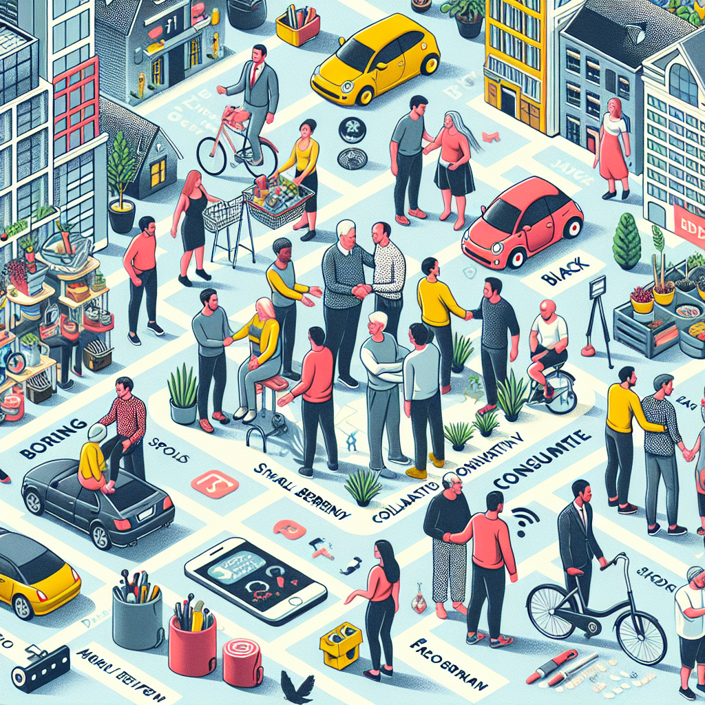 Erstelle ein bild das die shared economy illustriert. Der Begriff der Sharing Economy meint das systematische Ausleihen von Gegenständen und gegenseitige Bereitstellen von Räumen und Flächen, insbesondere durch Privatpersonen und Interessengruppen. Im Mittelpunkt steht die Collaborative Consumption, der Gemeinschaftskonsum.