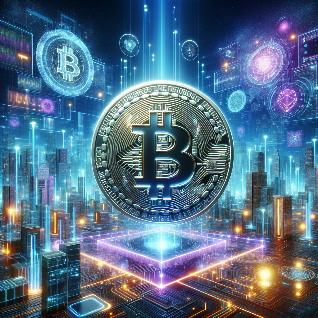 Generate a image showing a bitcoin (BTC) in a futuristic background