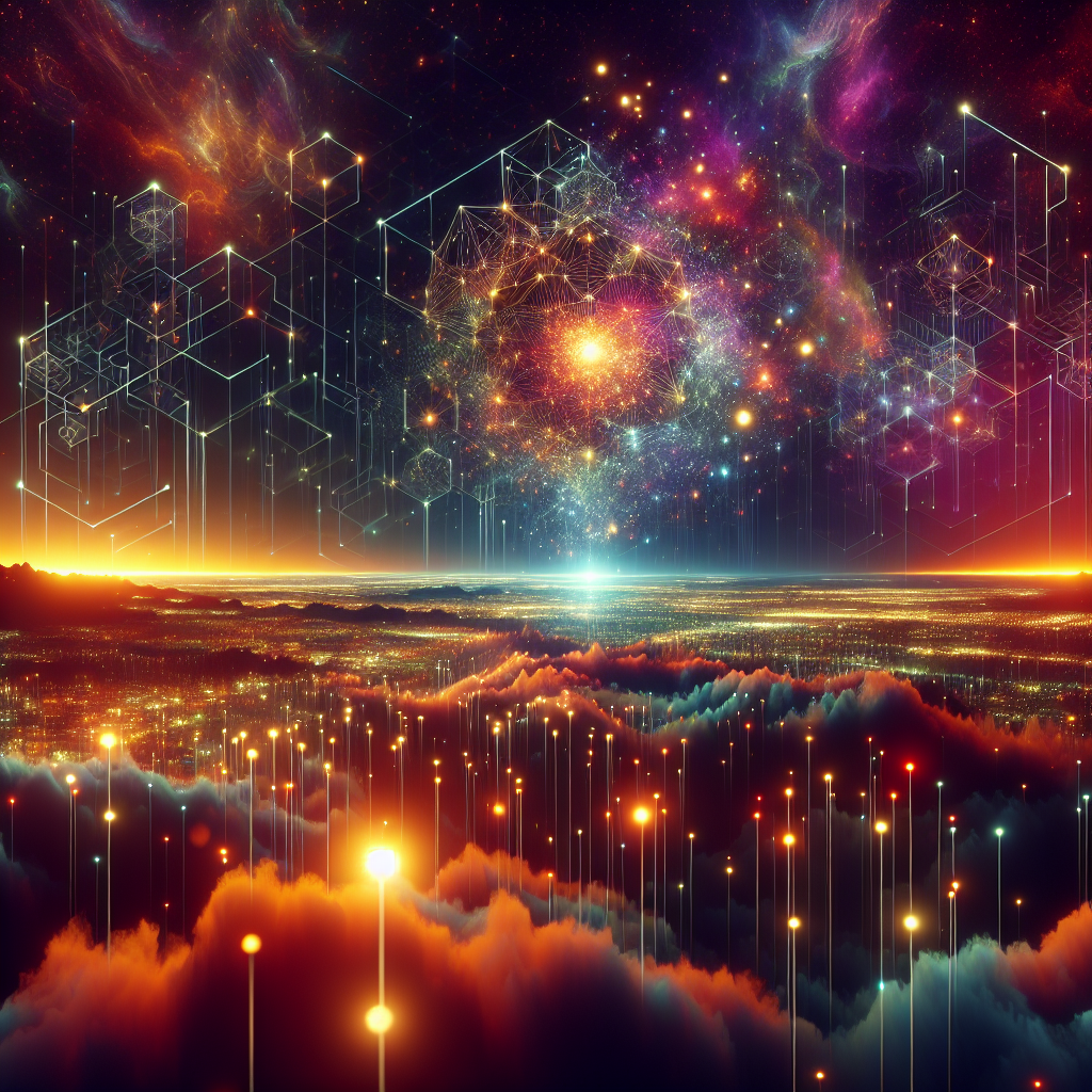 Create an image inspired by the concept of Non-Fungible Tokens or NFTs. The artwork could be a stunning landscape or complex abstract design, surrounded by the ethereal glow of blockchain code strings, hinting at the underpinning technology of NFTs. In the background, portray a digital marketplace, filled with other similar prisms, making a scene that feels futuristic and exploring the excitement and intrigue surrounding the digitized art market.