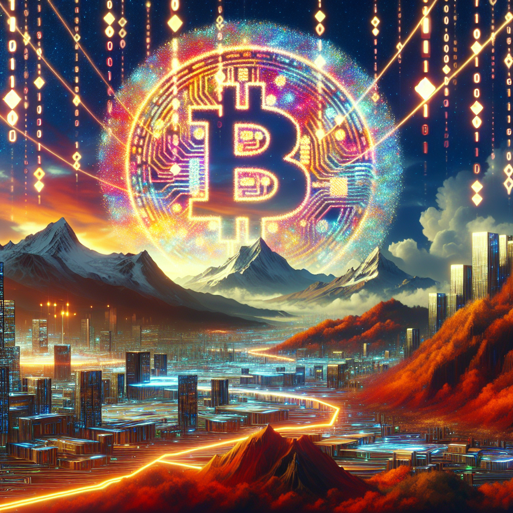 Create an image inspired by the concept of Non-Fungible Tokens or NFTs. The artwork could be a stunning landscape or complex abstract design, surrounded by the ethereal glow of blockchain code strings, hinting at the underpinning technology of NFTs. In the background, portray a digital marketplace, filled with other similar prisms, making a scene that feels futuristic and exploring the excitement and intrigue surrounding the digitized art market.