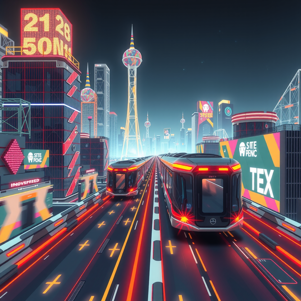 ai-generated image of a futuristic high-speed city with tech innovation hubs, symbolizing speed in development. 