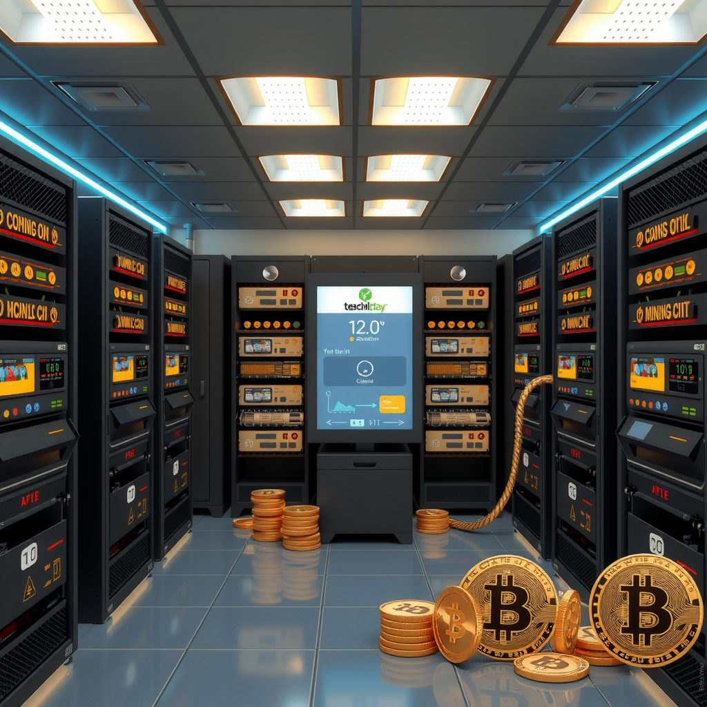 Create a image showing a crypto mining data center which is producing bitcoins or other crypto currencies