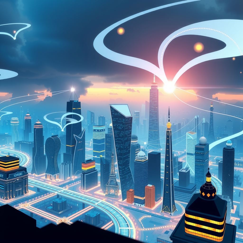 A futuristic city powered by decentralized blockchain nodes, showing a transparent system.