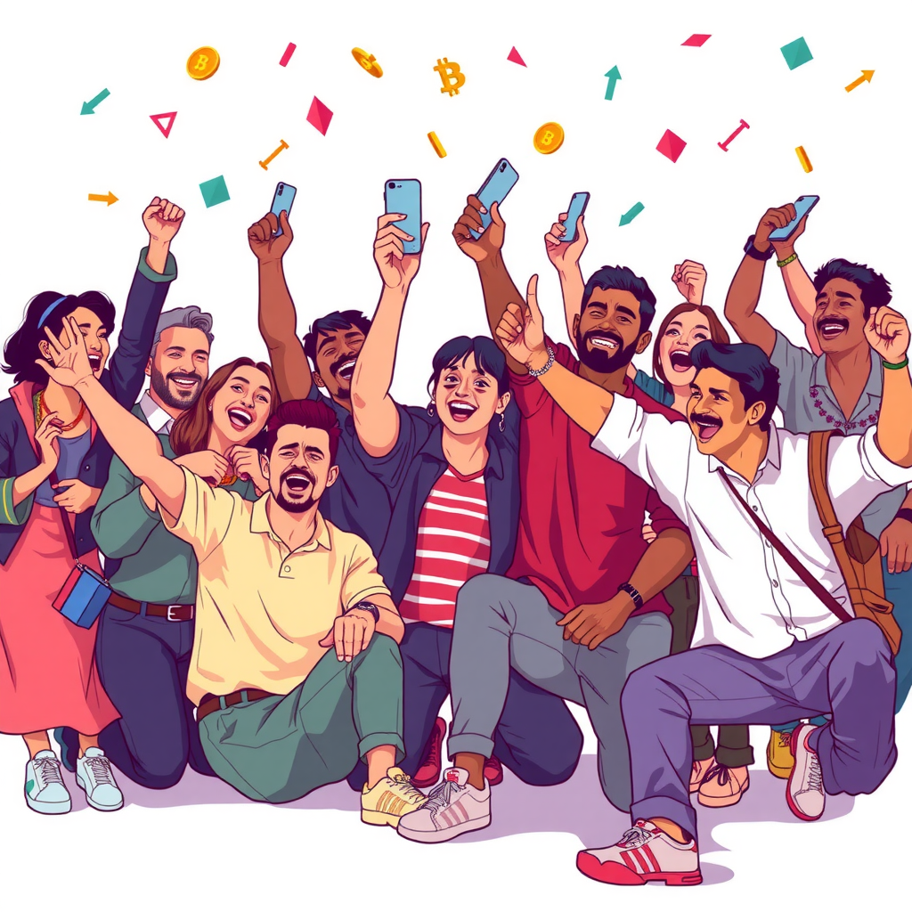 Create a image showing a crypto community and how they are celebrating.