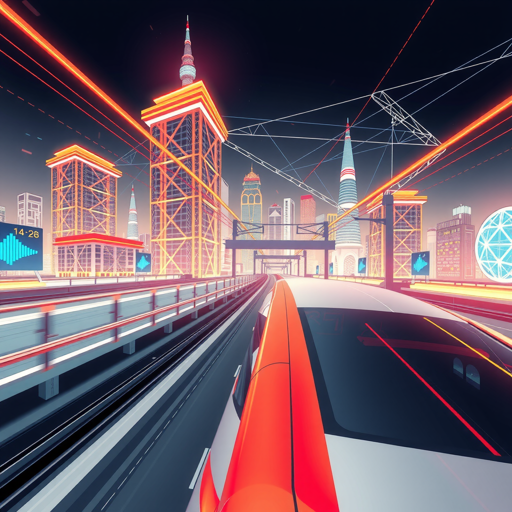 ai-generated image of a futuristic high-speed city with tech innovation hubs, symbolizing speed in development. 
