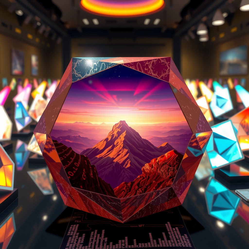 Create an image inspired by the concept of Non-Fungible Tokens or NFTs. The artwork could be a stunning landscape or complex abstract design, surrounded by the ethereal glow of blockchain code strings, hinting at the underpinning technology of NFTs. In the background, portray a digital marketplace, filled with other similar prisms, making a scene that feels futuristic and exploring the excitement and intrigue surrounding the digitized art market.
