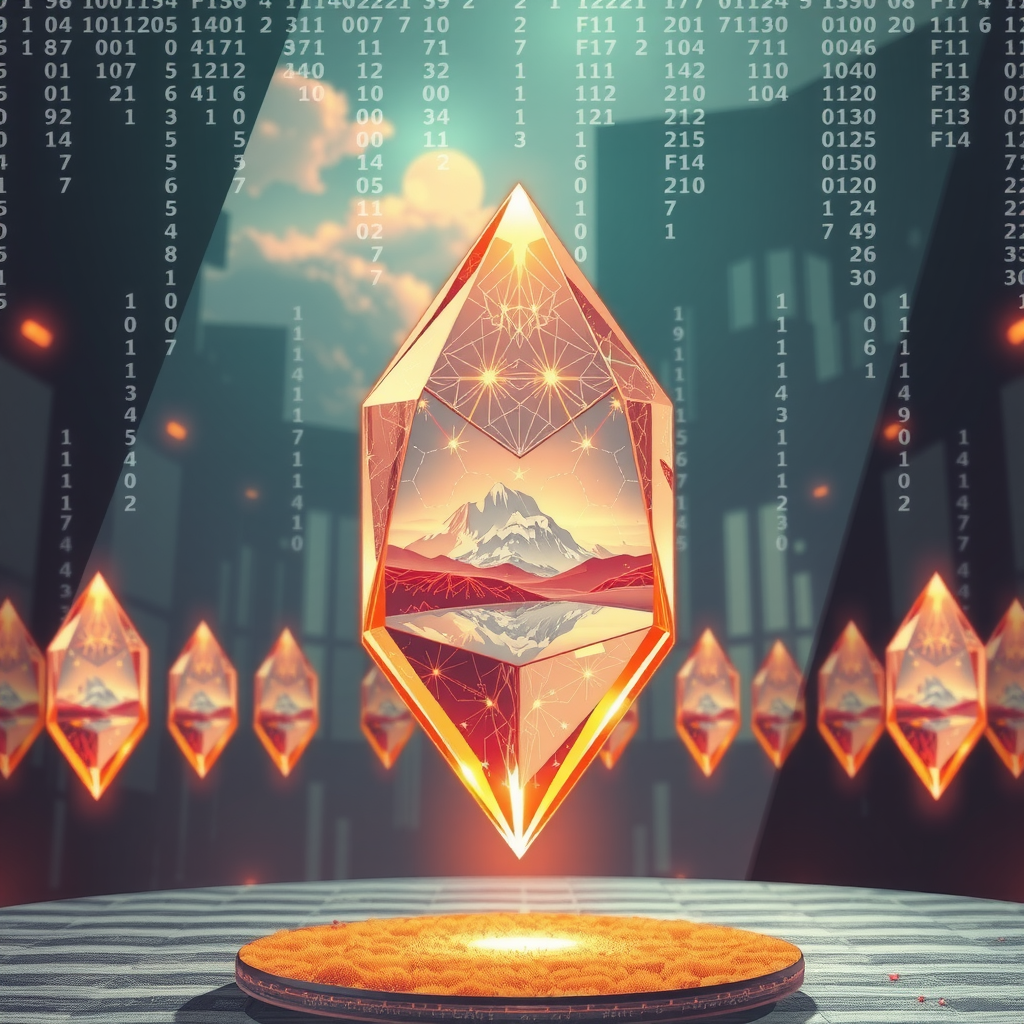 Create an image inspired by the concept of Non-Fungible Tokens or NFTs. The artwork could be a stunning landscape or complex abstract design, surrounded by the ethereal glow of blockchain code strings, hinting at the underpinning technology of NFTs. In the background, portray a digital marketplace, filled with other similar prisms, making a scene that feels futuristic and exploring the excitement and intrigue surrounding the digitized art market.