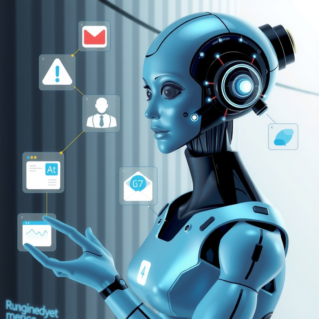 A futuristic AI assistant handling various business tasks.