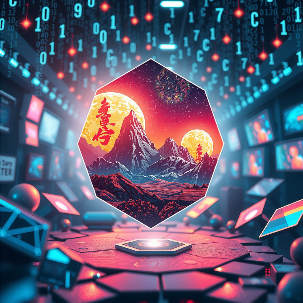 Create an image inspired by the concept of Non-Fungible Tokens or NFTs. The artwork could be a stunning landscape or complex abstract design, surrounded by the ethereal glow of blockchain code strings, hinting at the underpinning technology of NFTs. In the background, portray a digital marketplace, filled with other similar prisms, making a scene that feels futuristic and exploring the excitement and intrigue surrounding the digitized art market.