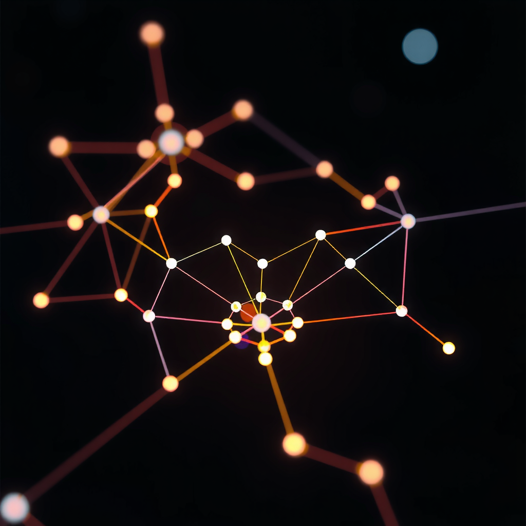 A blockchain which is a network of nodes and edges with a dark background and some blinking showing activity and transactions in the blockchain.