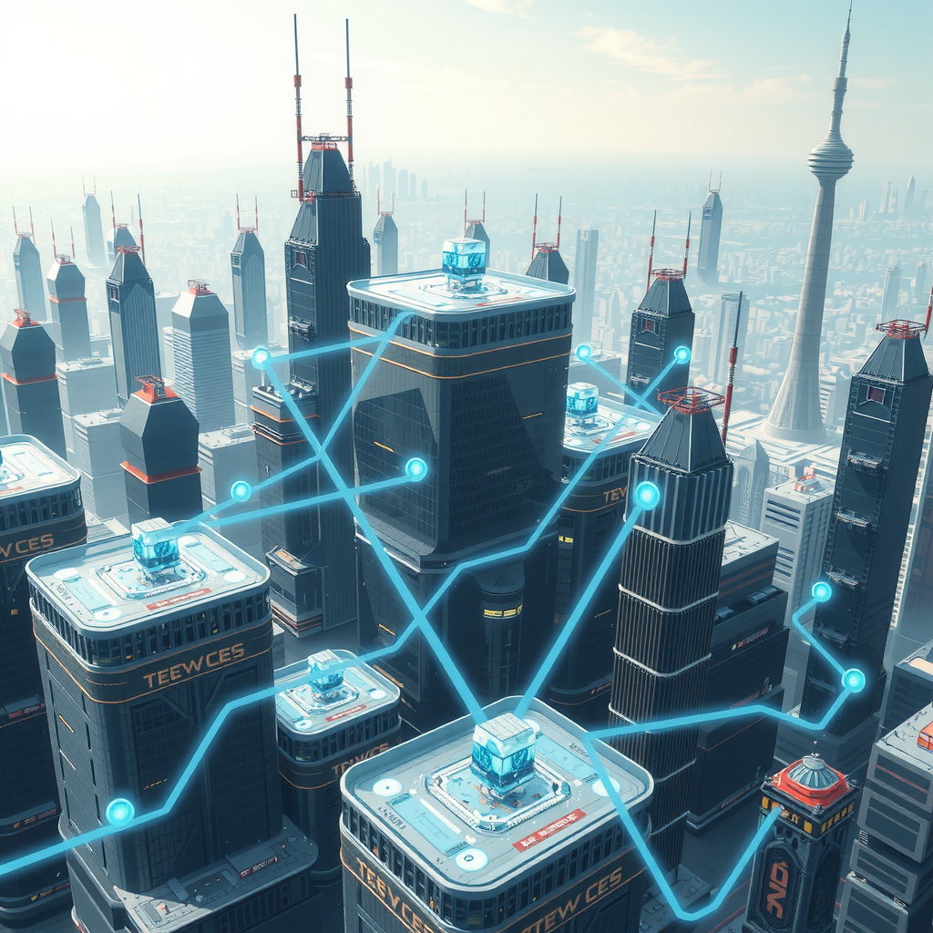 A futuristic city powered by decentralized blockchain nodes, showing a transparent system.