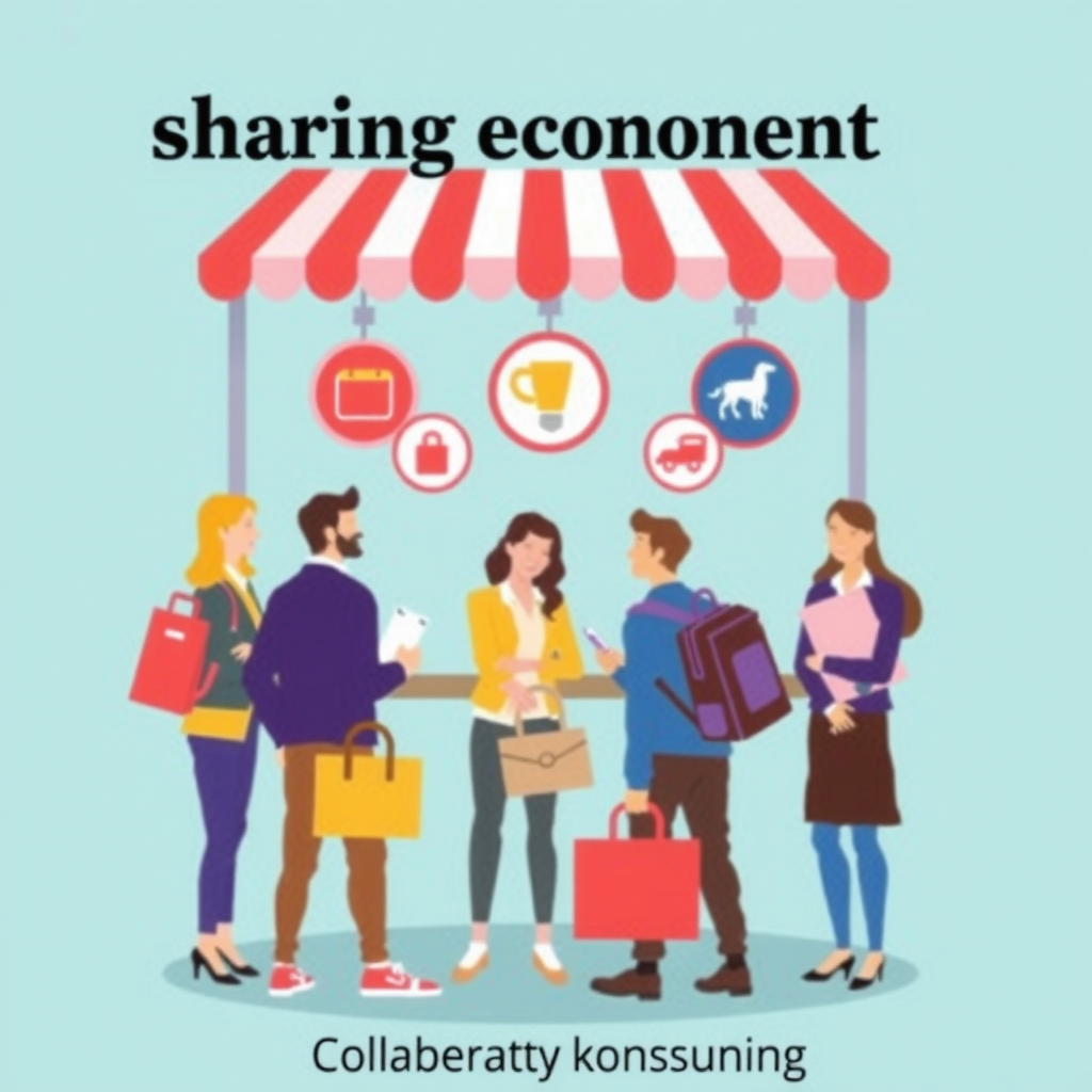 Erstelle ein bild das die shared economy illustriert. Der Begriff der Sharing Economy meint das systematische Ausleihen von Gegenständen und gegenseitige Bereitstellen von Räumen und Flächen, insbesondere durch Privatpersonen und Interessengruppen. Im Mittelpunkt steht die Collaborative Consumption, der Gemeinschaftskonsum.