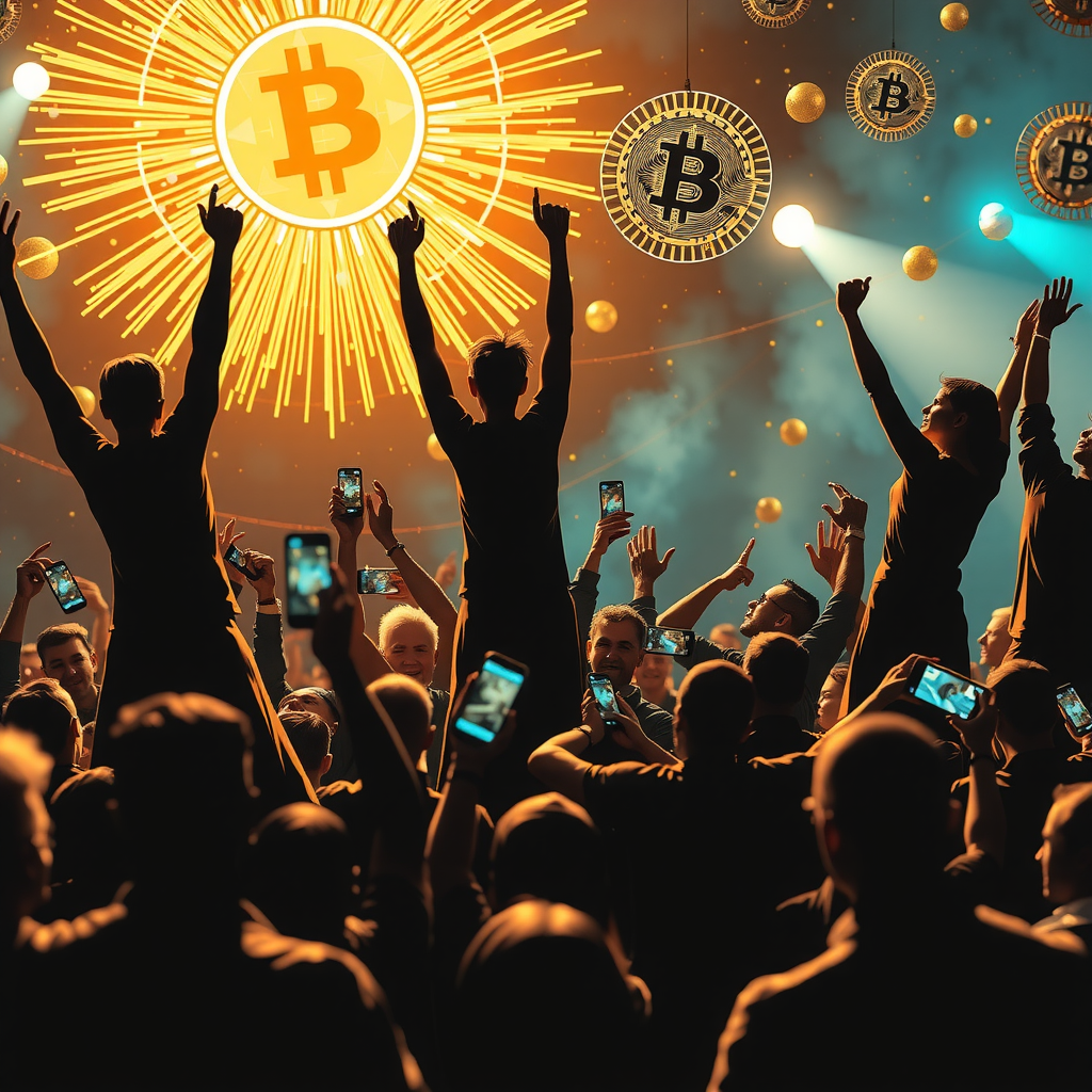 Create a image showing a crypto community and how they are celebrating.