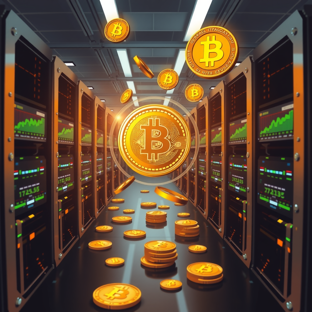 Create a image showing a crypto mining data center which is producing bitcoins or other crypto currencies