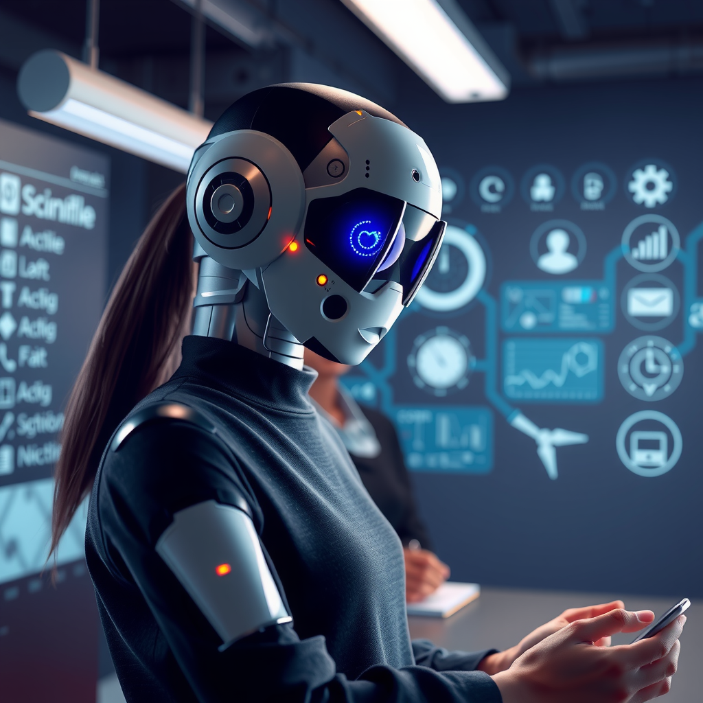 A futuristic AI assistant handling various business tasks.