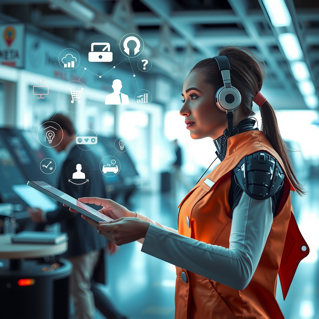 A futuristic AI assistant handling various business tasks.