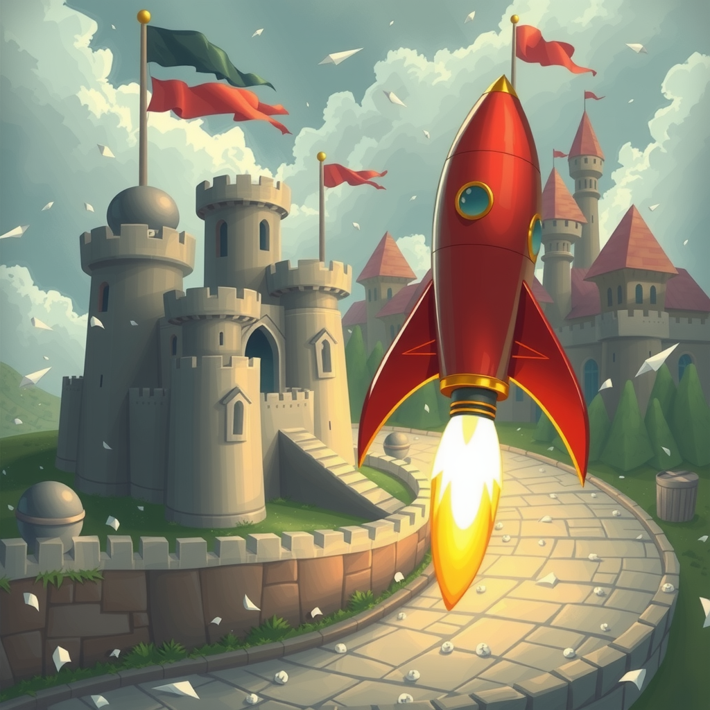 A race between a rocket (speed) and a fortified castle (stability).