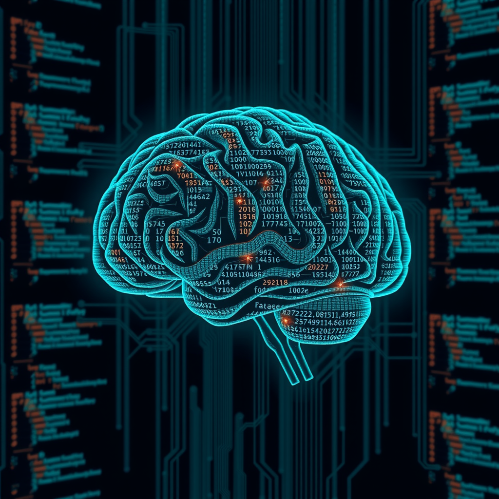 ai-generated image of a digital brain made of code and data, symbolizing complex algorithmic thinking