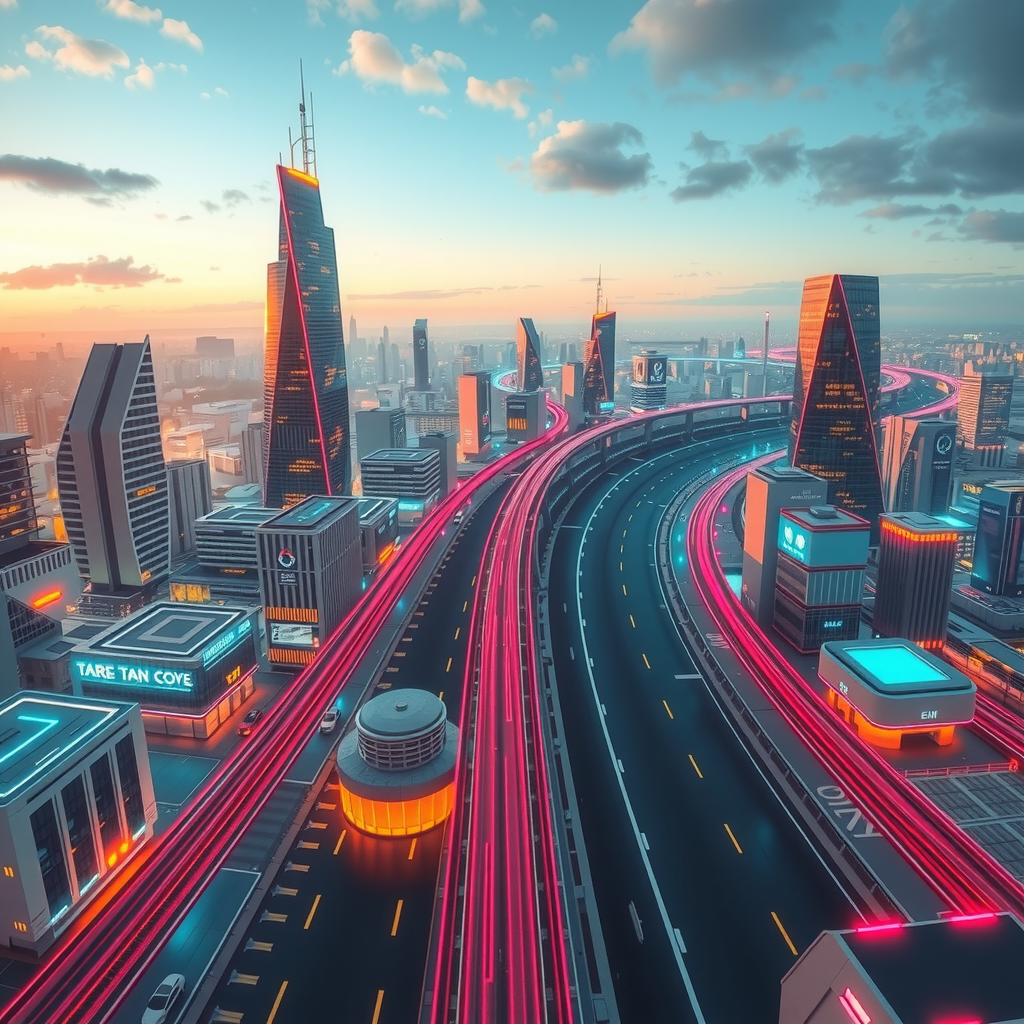 ai-generated image of a futuristic high-speed city with tech innovation hubs, symbolizing speed in development. 