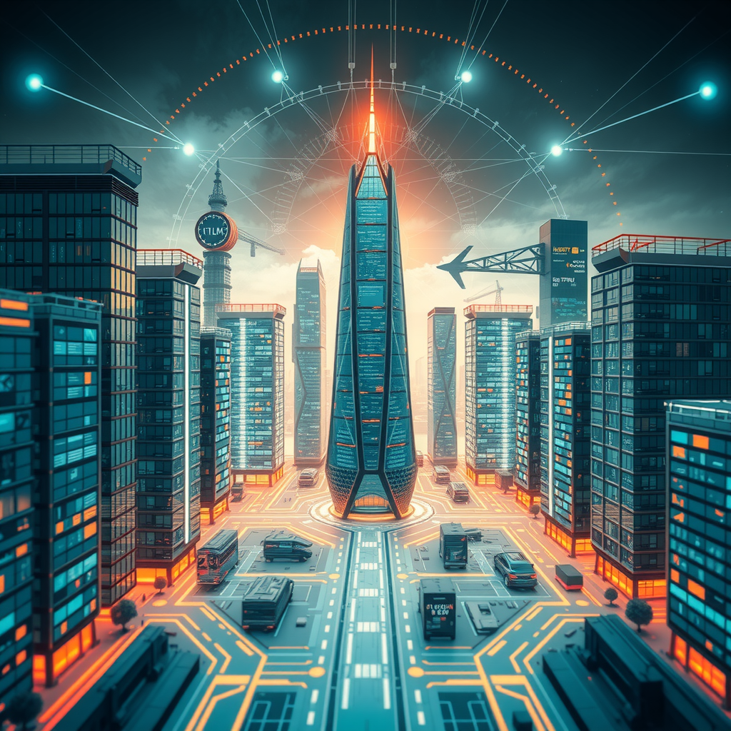 A futuristic city powered by decentralized blockchain nodes, showing a transparent system.