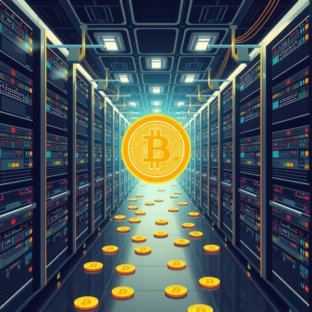 Create a image showing a crypto mining data center which is producing bitcoins or other crypto currencies