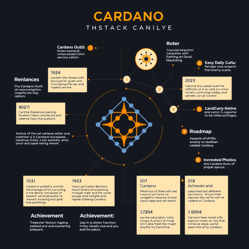 Create a image illustrating the history of the Cardano blockchain, their development, roadmap, and achievements. It's related to research and education. Everything is proofed and validated similar to research at University.