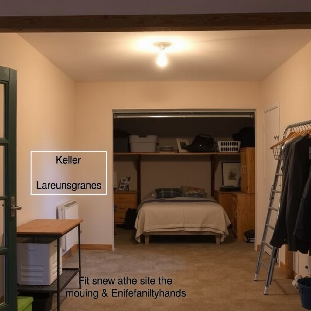 Erstelle ein Bild das zeigt wie private Lagerungsräume aussehen könnten wie z.B. ein Keller, ein Raum in einer Wohnung oder Einfamilienhaus. Es könnte auch eine Garage sein oder ein andere Ort indem man gut Sachen lagern kann.