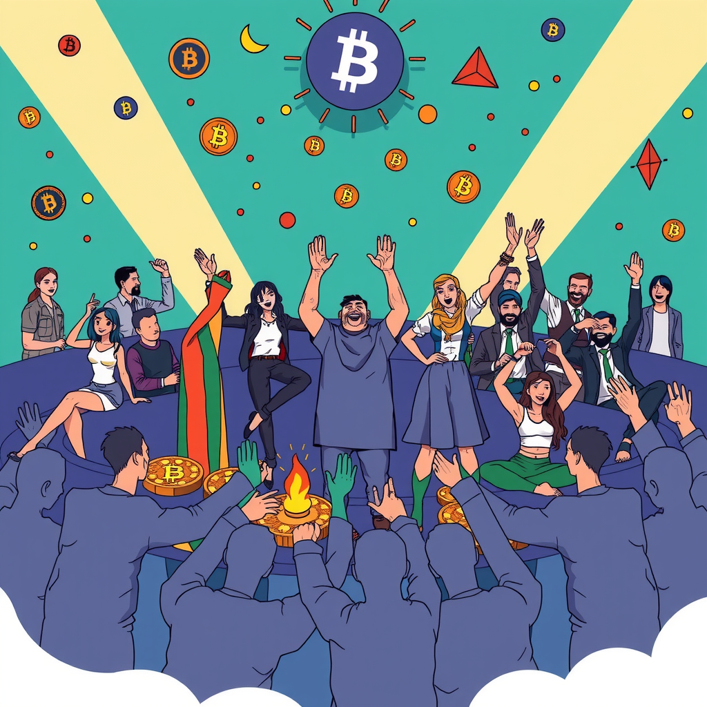 Create a image showing a crypto community and how they are celebrating.